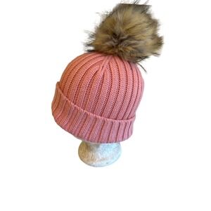 J. Crew Pink Ribbed Knit Beanie With Faux Fur Pom Pom